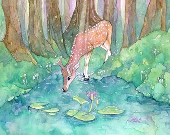 PRINT A4 8 x 11 Deer one print - Woodland poster decor Watercolour forest Print, Nature art, Fawn, whimsical bambi art