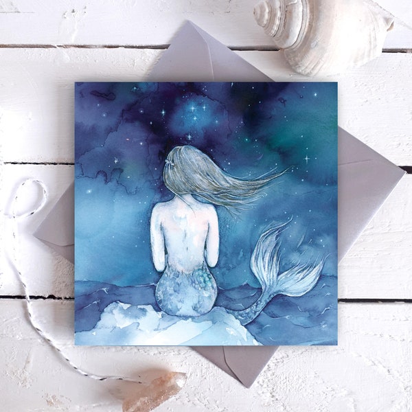 CARD Night Swimming, Watercolor Mermaid Quote  - frame-able square art card, Mermaid art, Mythical art, Mermaid gift
