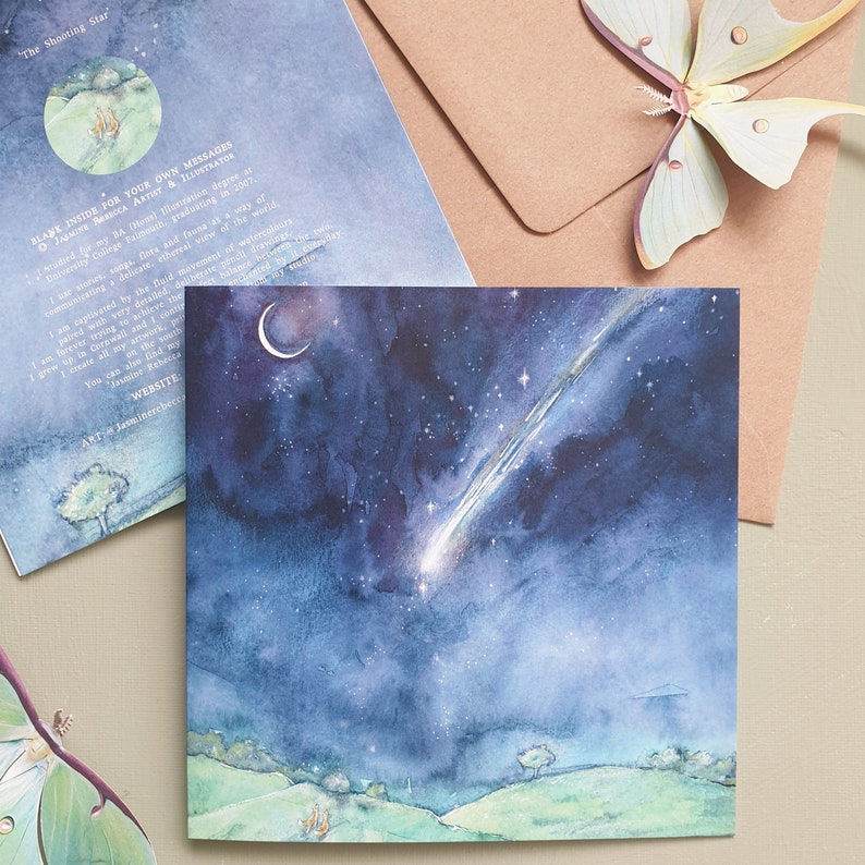 CARD The Shooting Star Magical foxes moon celestial frame-able square art card watercolour image 3