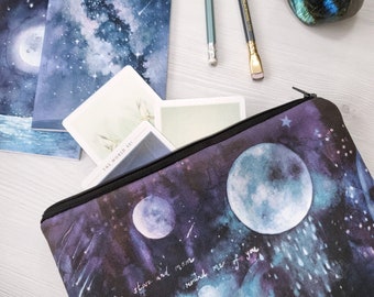 ZIP POUCH The Stars & Moon - celestial planets space tote travel cosmetics bag pencil case tarot bag