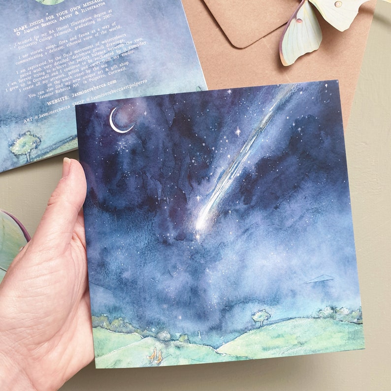 CARD The Shooting Star Magical foxes moon celestial frame-able square art card watercolour image 2