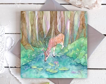 CARD Deer One - nature themed watercolour forest frame-able square art card