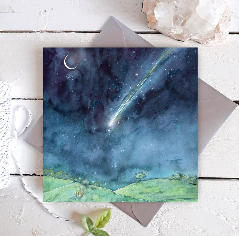 CARD The Shooting Star Magical foxes moon celestial frame-able square art card watercolour image 1