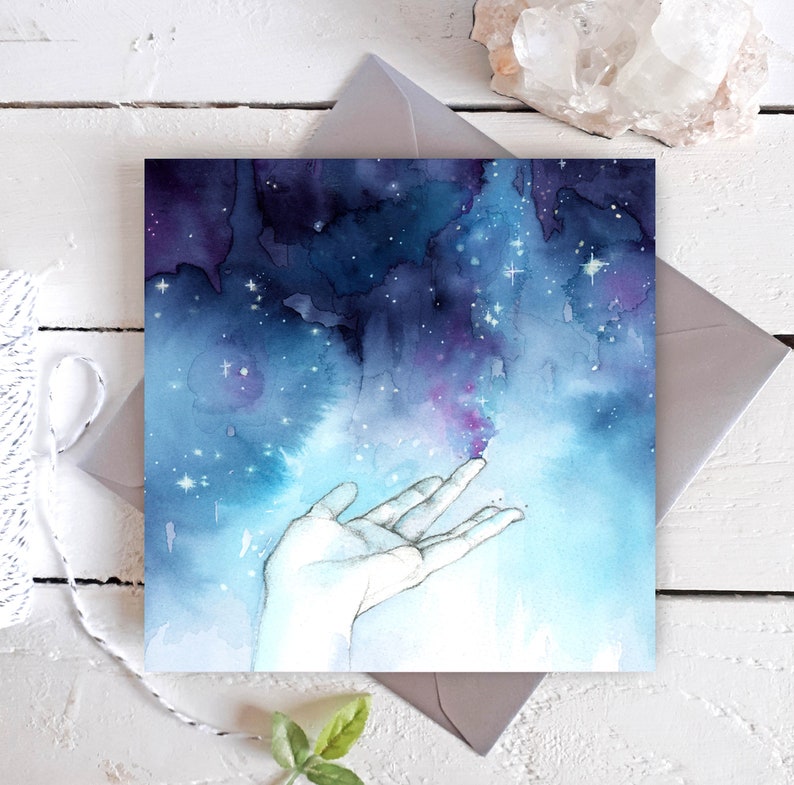 CARD Stardust Celestial universe art watercolor night sky hand frame-able square art card image 1