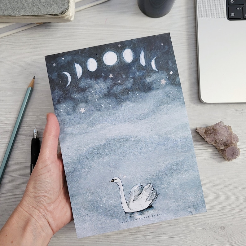 NOTEPAD Everything in time Swan & Moon watercolour art A5 desk pad book, magical notebook image 1