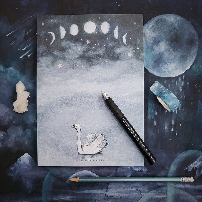 NOTEPAD Everything in time Swan & Moon watercolour art A5 desk pad book, magical notebook image 2