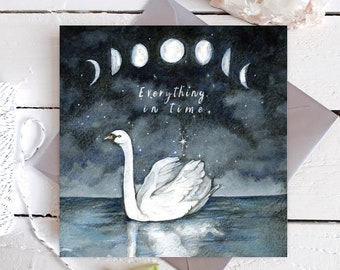 CARD Everything in time - Magical moon phases frame-able square art swan card watercolour