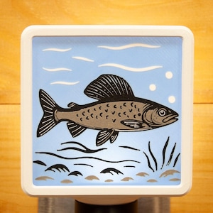 May include: A square night light featuring a block print style illustration of a gray fish swimming in light blue water. The design includes white wavy lines representing currents, three small white bubbles, and dark gray aquatic plants at the bottom.