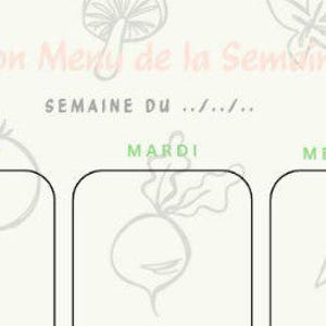 Peut inclure: Une feuille de planning de repas hebdomadaire sur fond crème avec des dessins au trait noir de légumes et de feuilles. Le texte indique Mon Menu de la Semaine, Semaine du, Lundi, Mardi et Mercredi au-dessus de trois cases rectangulaires.