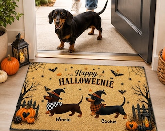 Halloween Dachshund Happy Halloweenie, Personalized Doormat, Halloween Decorations For Dachshund Lovers