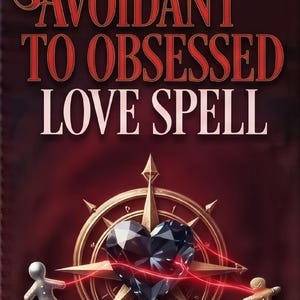 Può includere: Un poster rosso scuro con il testo AVOIDANT TO OBSESSED LOVE SPELL in lettere rosse e bianche. Presenta una rosa dei venti in bronzo, un cuore nero sfaccettato e due piccole figure collegate da linee rosse luminose su sfondo scuro.