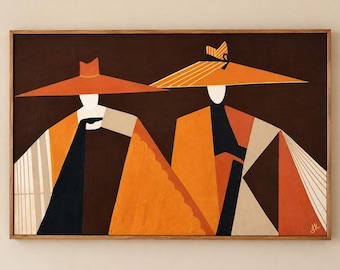 Framed Abstract Painting of Two Figures in Hats, Geometric Original Wall Art