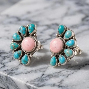 Turquoise Stud Earrings Sterling Silver, Pink Conch Shell Cluster Post Earring, Southwestern Fan Statement Jewelry, Unique Gift for Her