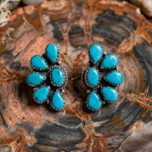 Genuine Turquoise Studs - 925 Sterling Silver Studs - 3 Stone Cluster Studs Oval Shaped Turquoise Studs - Turquoise Statement Studs