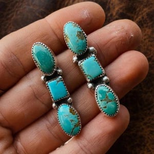 Genuine Turquoise Studs - 925 Sterling Silver Studs - 3 Stone Cluster Studs Turquoise Studs - Turquoise Statement Studs