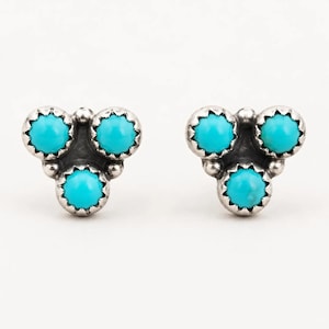 Turquoise Studs 925 Sterling Silver Studs 3 Stone Cluster Studs Round Shaped Turquoise Studs Turquoise Statement Studs
