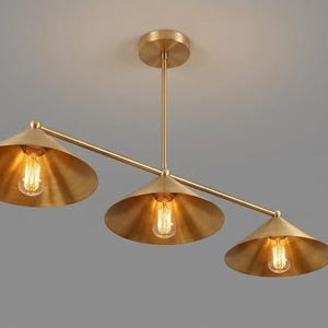 Handmade Solid Brass 3-Light Linear Chandelier, Mid-Century Pendant Light, Kitchen Island Fixture