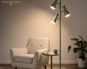 Mid-century moderne vloerlamp met 3 lichtpunten, messing staande lamp, verstelbare leeslamp