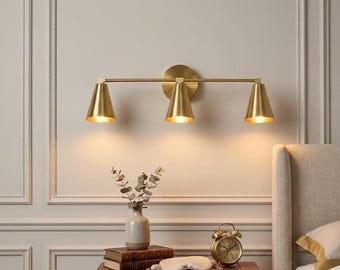 3 Light Brass Vanity Sconce, Mid-Century Modern Bathroom Lamp, Adjustable Cone Shade