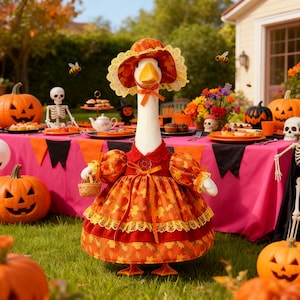 May include: A white goose figurine wearing an orange and yellow autumn-themed dress with a matching bonnet featuring lace trim. The goose holds a small woven basket and stands on green grass in front of a table decorated with pumpkins and skeletons.