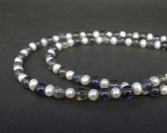 Natural Gemstone Iolite and White Pearl Necklace 5mm, 925 Sterling Silver, Iolite Necklace, White Pearl Necklace, June Birthstone