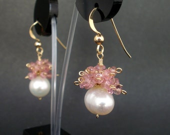 Pearl and Pink Tourmaline Cluster Earrings 14kt Gold Filled Dangle Earrings,Pink Tourmaline Earrings, June Birthstone