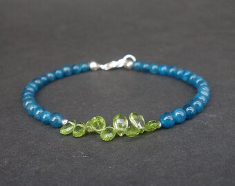 Gemstone Peridot Faceted Teardrop Beads AA Grade, Gemstone Blue Apatite Denim Blue Round Bead  - 925 Sterling Silver Bracelet