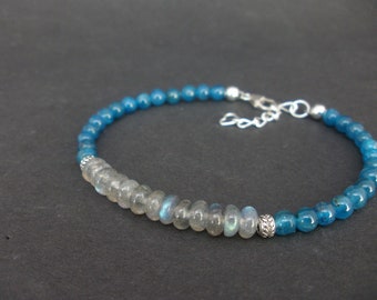 Labradorite 5mm Rondelle and Gemstone Blue Apatite 4mm Round 925 Bail Silver Bracelet, Denim Bracelet