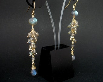 Labradorite Cluster Long Dangle Earrings, 14kt Gold Filled ,Labradorite Earrings, Gemstone Cluster Earrings