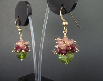 Peridot Big Size Earrings,9mm Faceted, Garnet and Pink Tourmaline Cluster Earrings, Gold Filled, Peridot Cluster Earrings