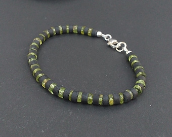 Peridot Men Bracelet, Peridot Heishi 5.5mm width, Matted Black Obsidian 925 Sterling Silver, Peridot Jewelry for Men