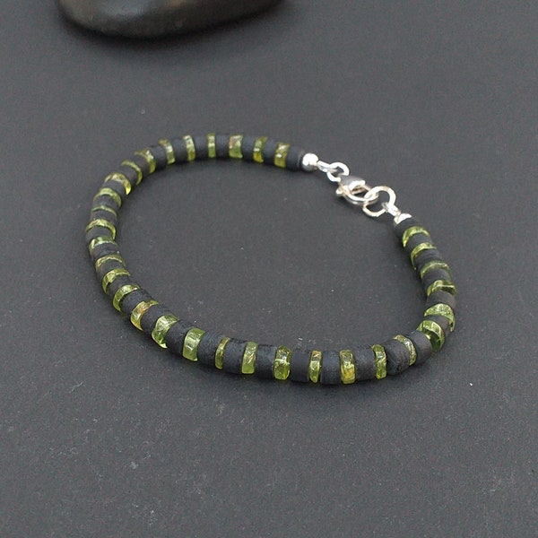 Peridot Men Bracelet, Peridot Heishi 5.5mm width, Matted Black Obsidian 925 Sterling Silver, Peridot Jewelry for Men