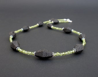 Gemstone Peridot and Black Lava Bicone 925 Sterling Silver Necklace, Lava Bicone Necklace, Lava and Peridot Necklace, August Birthstone