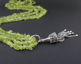 Peridot Double Strand Long Necklace 32" (81.3cm) with Sterling Silver Tassel Pendant, Peridot 2 Strand Necklace, Peridot Stone Necklace