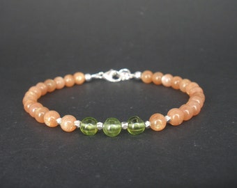 Genuine Peridot AA Grade Round Shape With Catseye Sunstone Hilltribe Silver Bracelet, Catseye Sunstone Bracelet, Peridot Round Bracelet