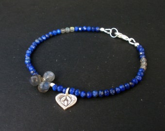 Gemstone Lapis Lazuli and Labradorite Faceted Briolette with Hill Tribe Silver Heart charm Bracelet, December  Birthstone