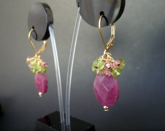 Ruby Faceted Oval with Peridot and Pink Tourmaline Cluster Earrings,14kt Gold Filled,Ruby Earrings,Gemstone Cluster Earrings