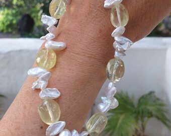 Lemond Quartz and Keshi Pearl 925 Sterling Silver Necklace, Lemon Quartz Faceted Necklace, Pearl Cluster Necklace