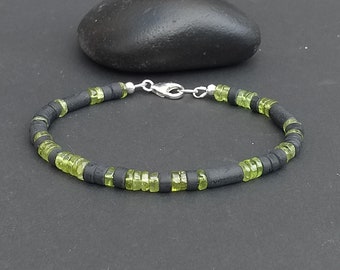 Peridot and Black Obsidian Heishi Men Bracelet 5.5mm 925 Sterling Silver, Peridot Jewelry for Men, Green and Black Gemstone Men Jewelry