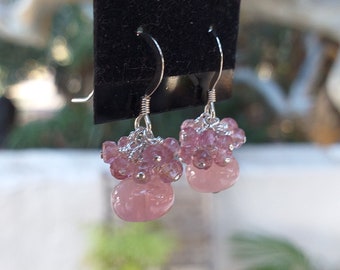 Madagascar Purple Rose Quartz and Pink Tourmaline Cluster Earrings 925 Silver Dangle Earrings, Pink Gemstone Earrings