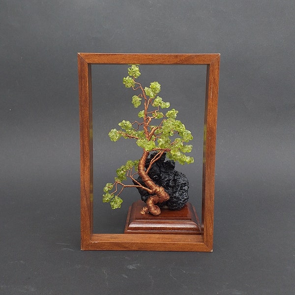 Peridot Gemstone Tree - Windswept Wire Sculpture Gemstone Peridot Bonsai Canary Island Pine Tree Lanzarote Sculpture  Wooden Base With Lava