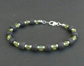 Gemstone Peridot Heishi and Natural Black Lava Men Bracelet with Hematite and 925 Sterling Silver, Peridot Jewelry for Men
