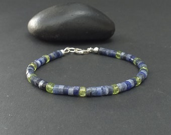 Sodalite and Peridot Men Bracelet 4mm, 925 Sterling Silver, August Birthday Gift For Him, Peridot Jewelry For Men, Sodalite Men Bracelet