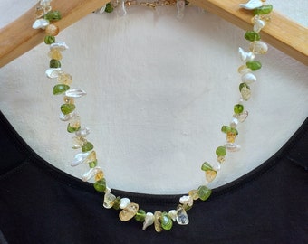 Keishi Pearl ,Peridot and Citrine Cluster Necklace 14kt Gold Filled, Multi Gemstones Necklace