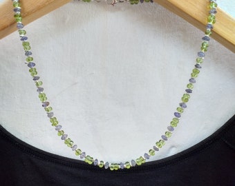 Peridot and Iolite Rondelle Necklace with 999 Thai Hilltribe Silver, Multi Gemstone Necklace