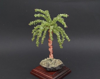 Peridot Gemstone Tree -Wire Sculpture Gemstone Canary Islands Palm Tree With Lanzarote Olivine Mineral Specimen On Brazilian Hard Wood  Base