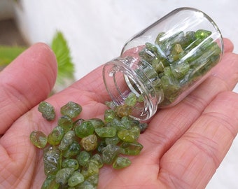 Gemstone Arizona Peridot -  Olivine Tumble Polished Mine Run Grade Glass  Bottle  With Cork Wholesale Pricing Peridot Stone