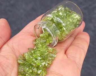 Gemstone Arizona Peridot -  Olivine Tumble Polished A+ Grade  Glass  Bottle  With Cork Wholesale Pricing Peridot Stone