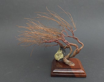 Wire Sculpture Windswept Canary Island Pine Tree on Brazailin Hard Wood Base  With Lanzarote Olivine Specimen