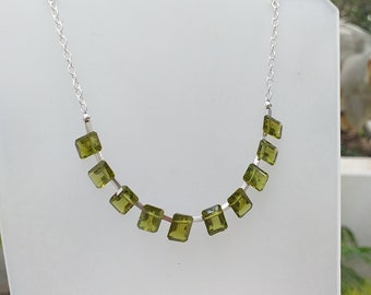 Faceted Emerald Cut Olive Green Peridot 6x8mm and Thai Hill Tribe Silver Chain Necklace, Faceted Peridot Necklace, August Birthstone